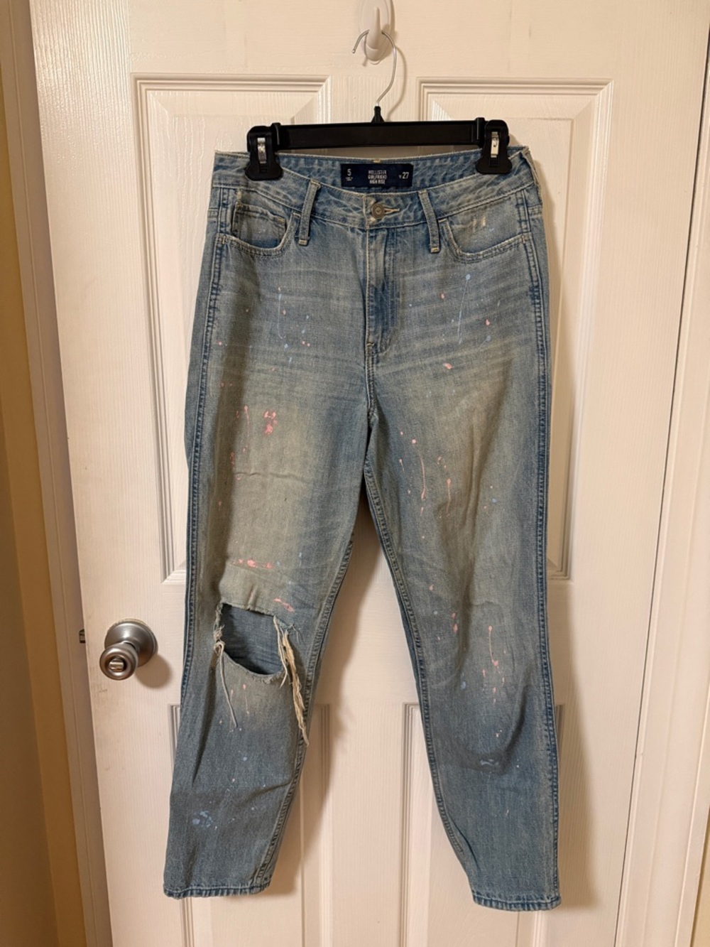 Hollister Light Blue Distressed Boyfriend Jeans with Pink Paint Splatter